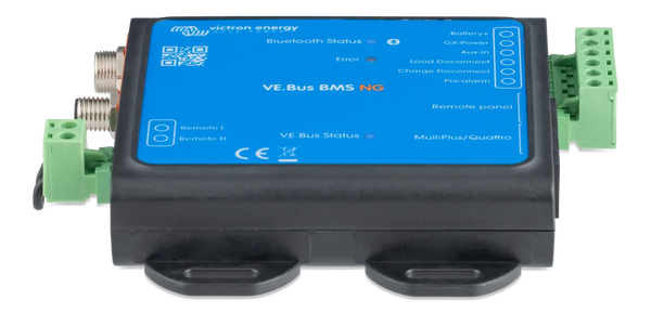 Low-profile matte black enclosure of the VE.Bus BMS NG with mounting tabs