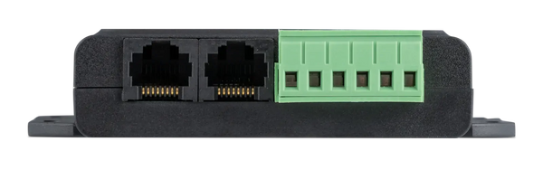 Side view showing dual RJ45 VE.Bus ports and a 6-way green screw terminal block