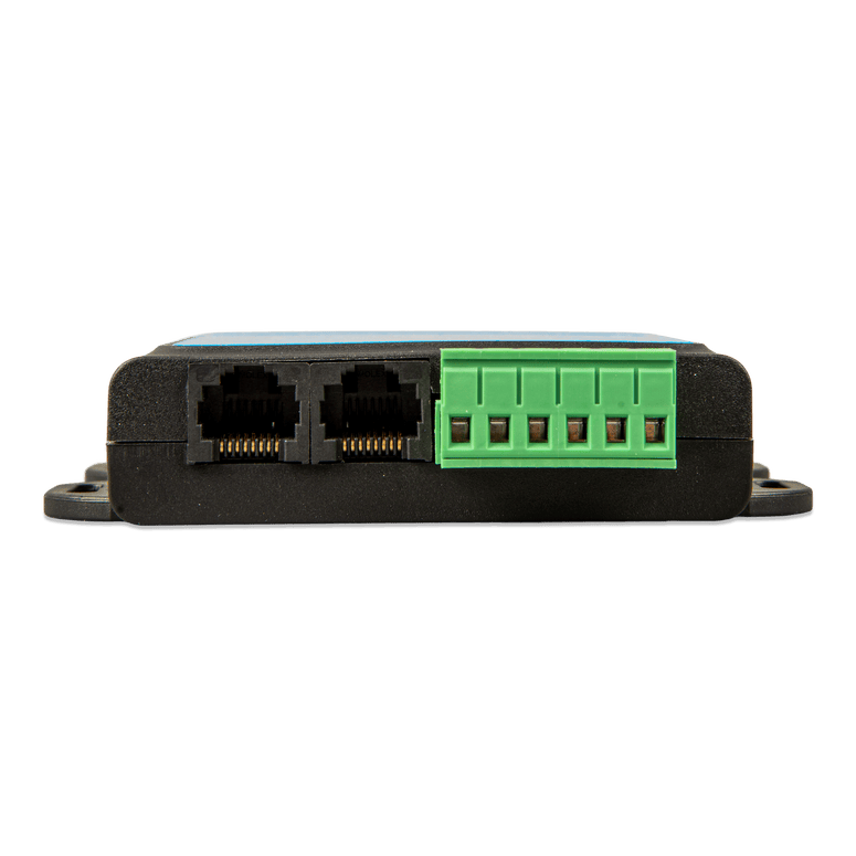 Connection face of the Victron VE.Bus BMS V2 showing RJ45 sockets and 6-way terminal