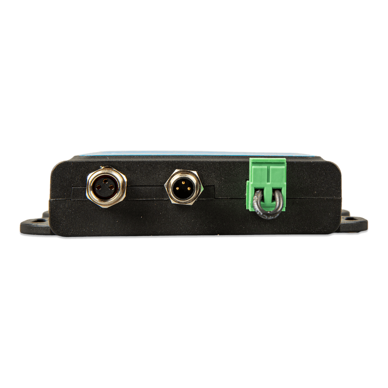 Profile view of the Victron VE.Bus BMS V2 showing metal M12 ports and 2-way terminal block