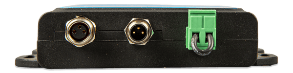 Profile view of the Victron VE.Bus BMS V2 showing metal M12 ports and 2-way terminal block