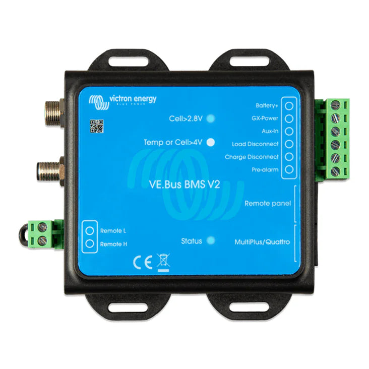 Top-down view of Victron VE.Bus BMS V2 showing blue faceplate and green screw terminal blocks