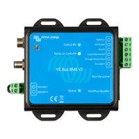 Top-down view of Victron VE.Bus BMS V2 showing blue faceplate and green screw terminal blocks