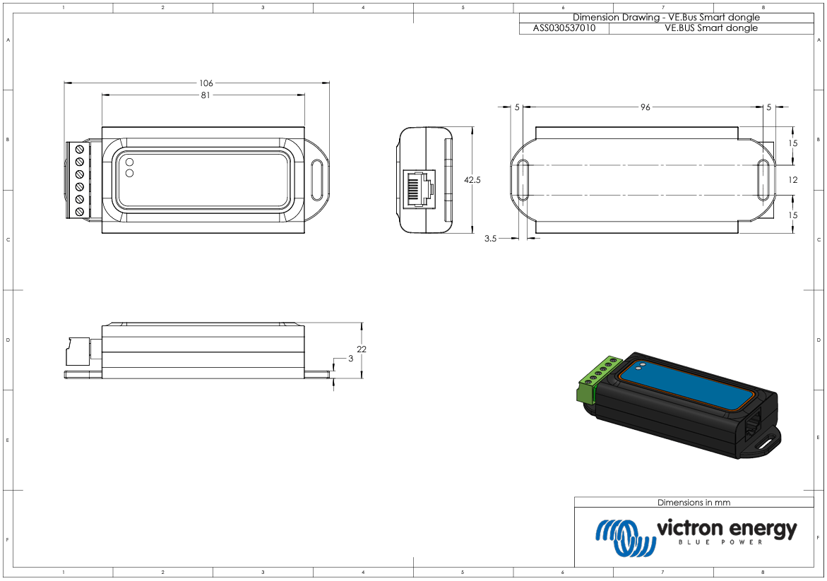 Dimensional drawing of the VE.Bus Smart Dongle with measurements in millimetres