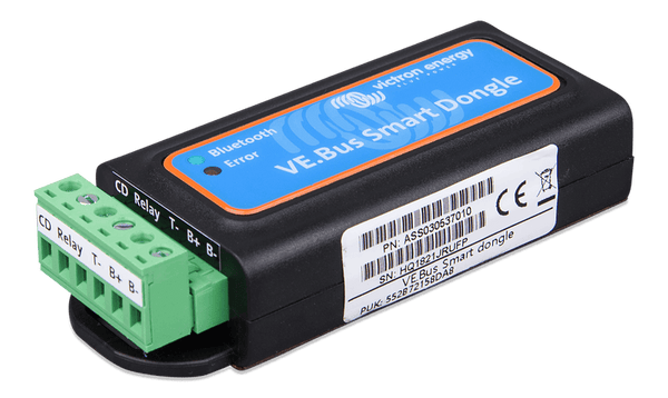 Perspective view of the VE.Bus Smart Dongle highlighting the side connection labels and regulatory info