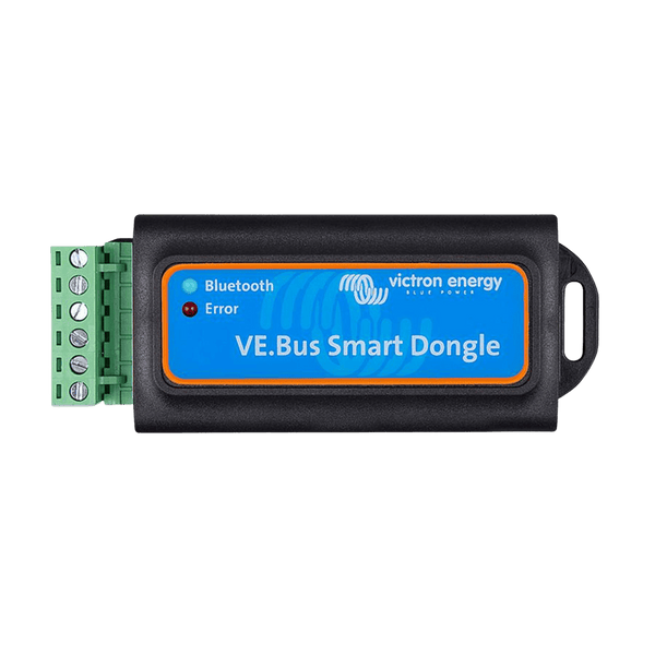 Victron VE.Bus Smart Bluetooth Dongle showing status LEDs and green connection terminal block