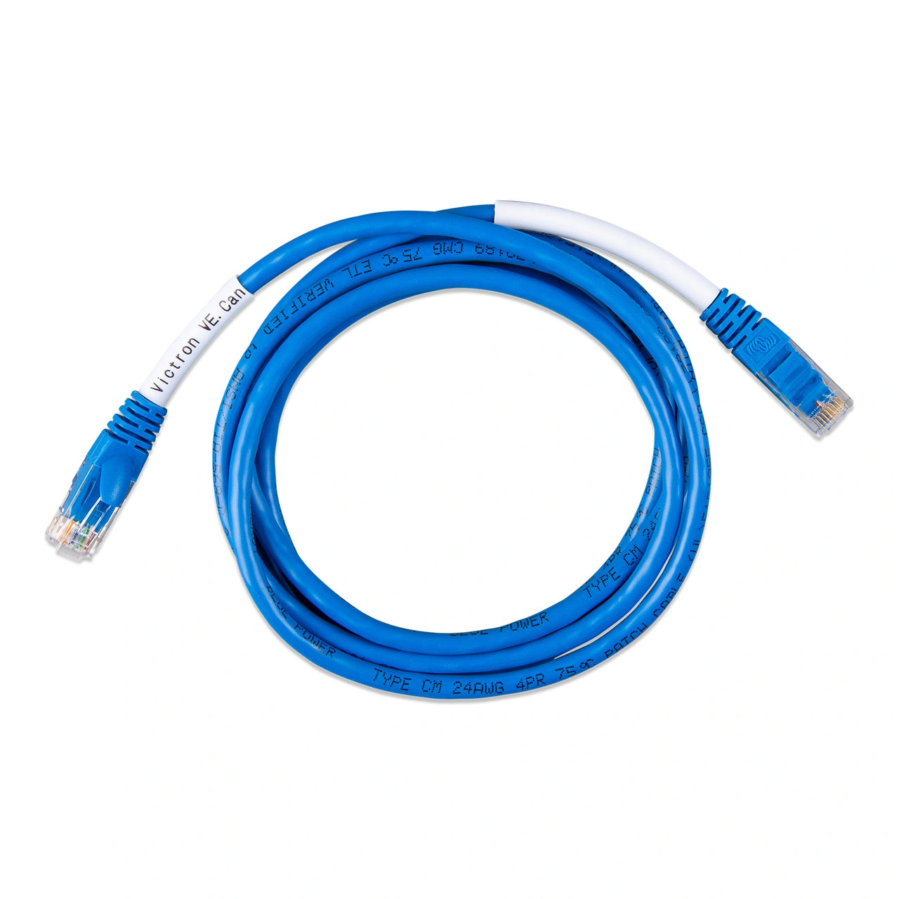 Coiled blue 1.8m VE.Can to CAN-bus BMS Type B cable with RJ45 connectors and identification labels