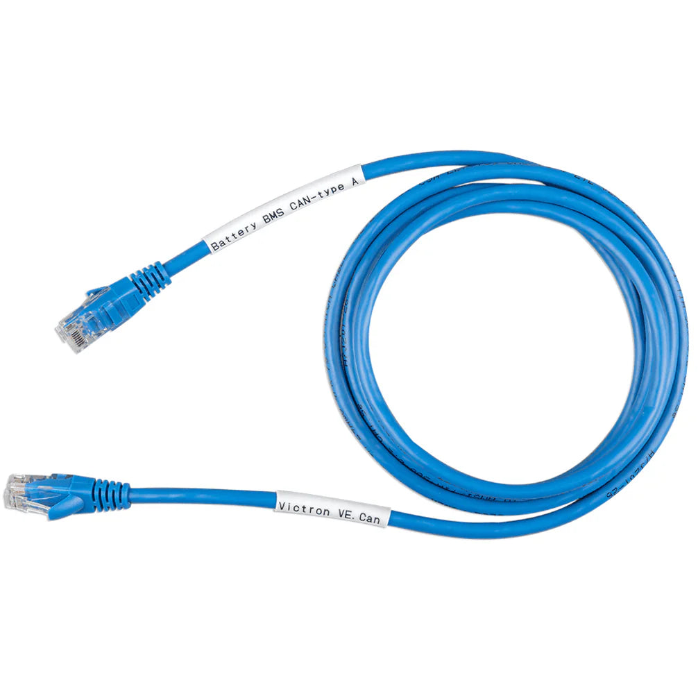 Coiled blue 5m communication cable with RJ45 connectors and identification labels for BMS and VE.Can connection