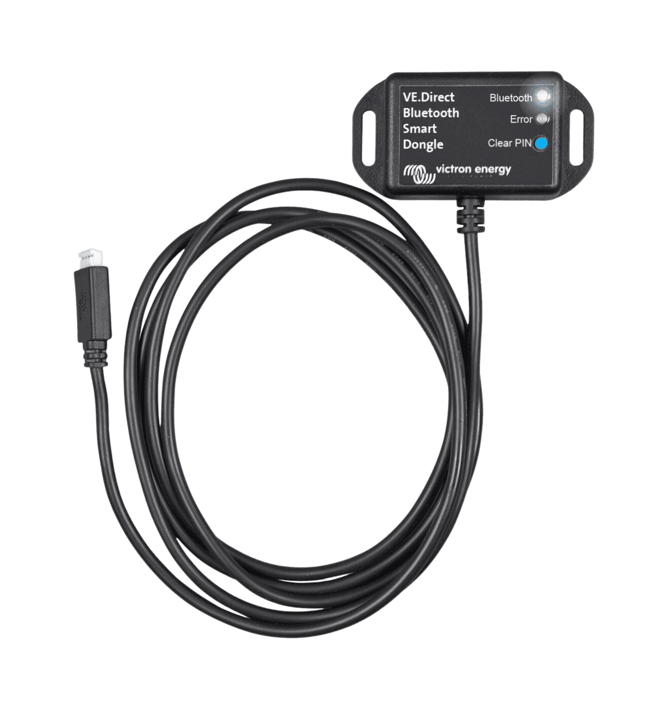 Victron VE Direct Bluetooth Smart Dongle with coiled connection cable and mounting tabs