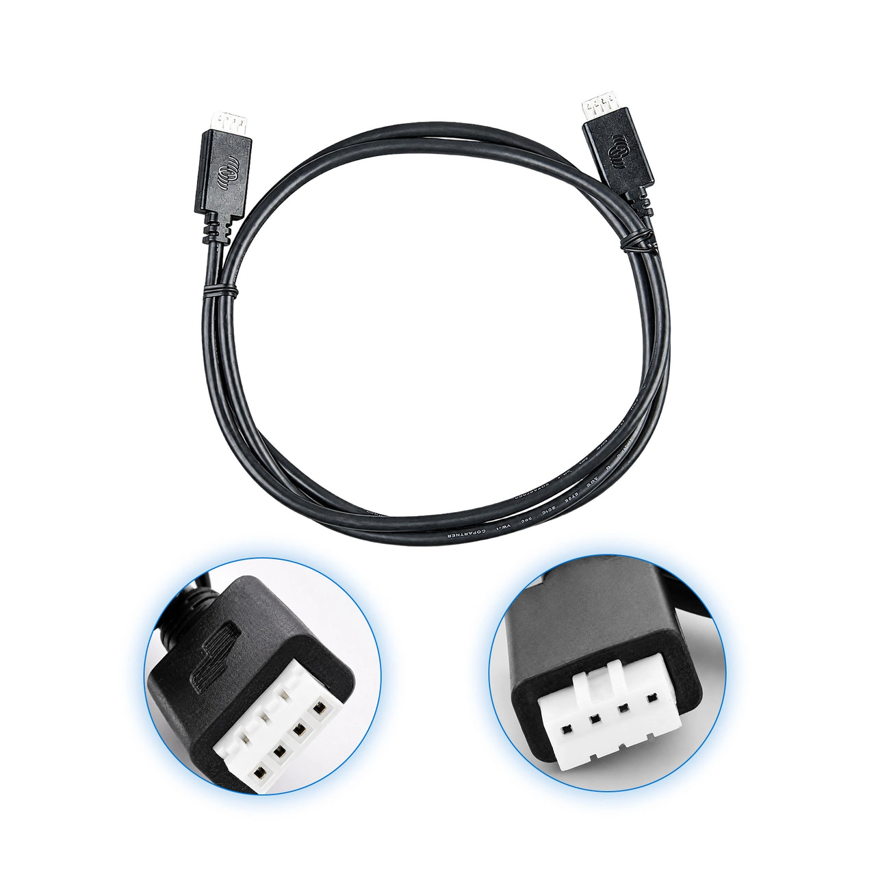 Close up of Coiled 0.9m black VE.Direct cable with 4-pin white connectors