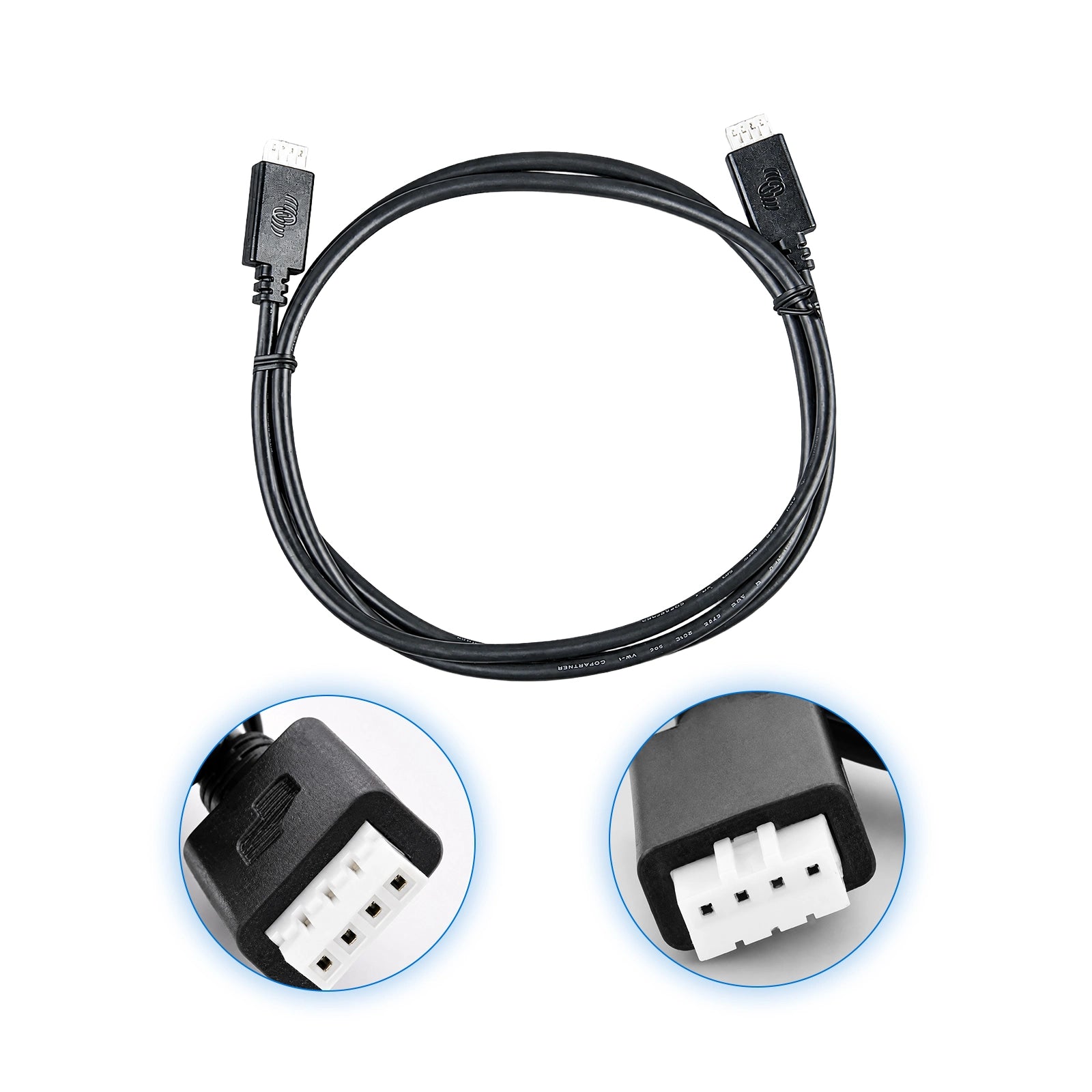 Close up of Coiled 0.9m black VE.Direct cable with 4-pin white connectors