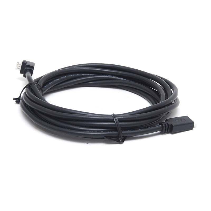 Coiled 5m black VE.Direct cable showing one right-angle and one straight connector