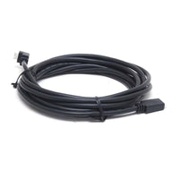 Coiled 5m black VE.Direct cable showing one right-angle and one straight connector