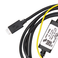 Close-up of VE.Direct connector and product label on remote on-off cable
