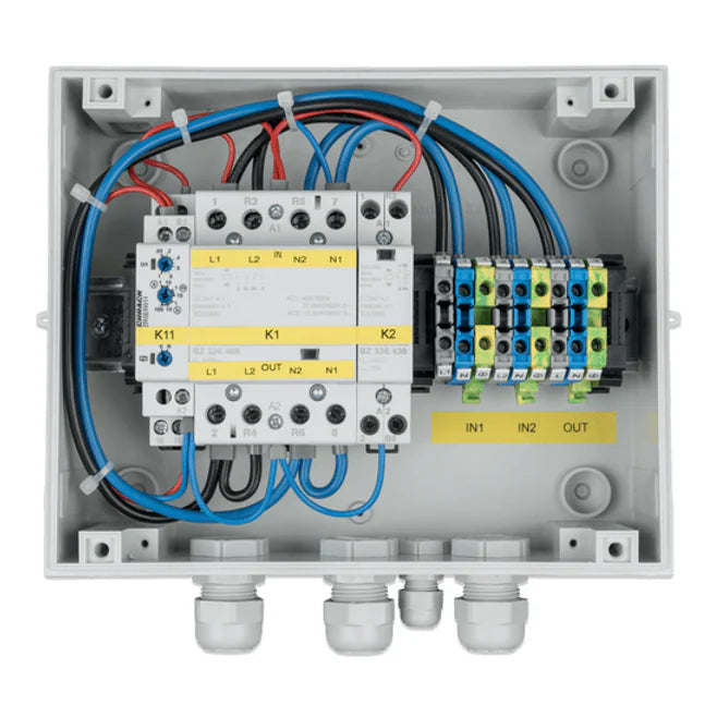 Internal wiring and components of 10kVA transfer switch including contactors and terminals