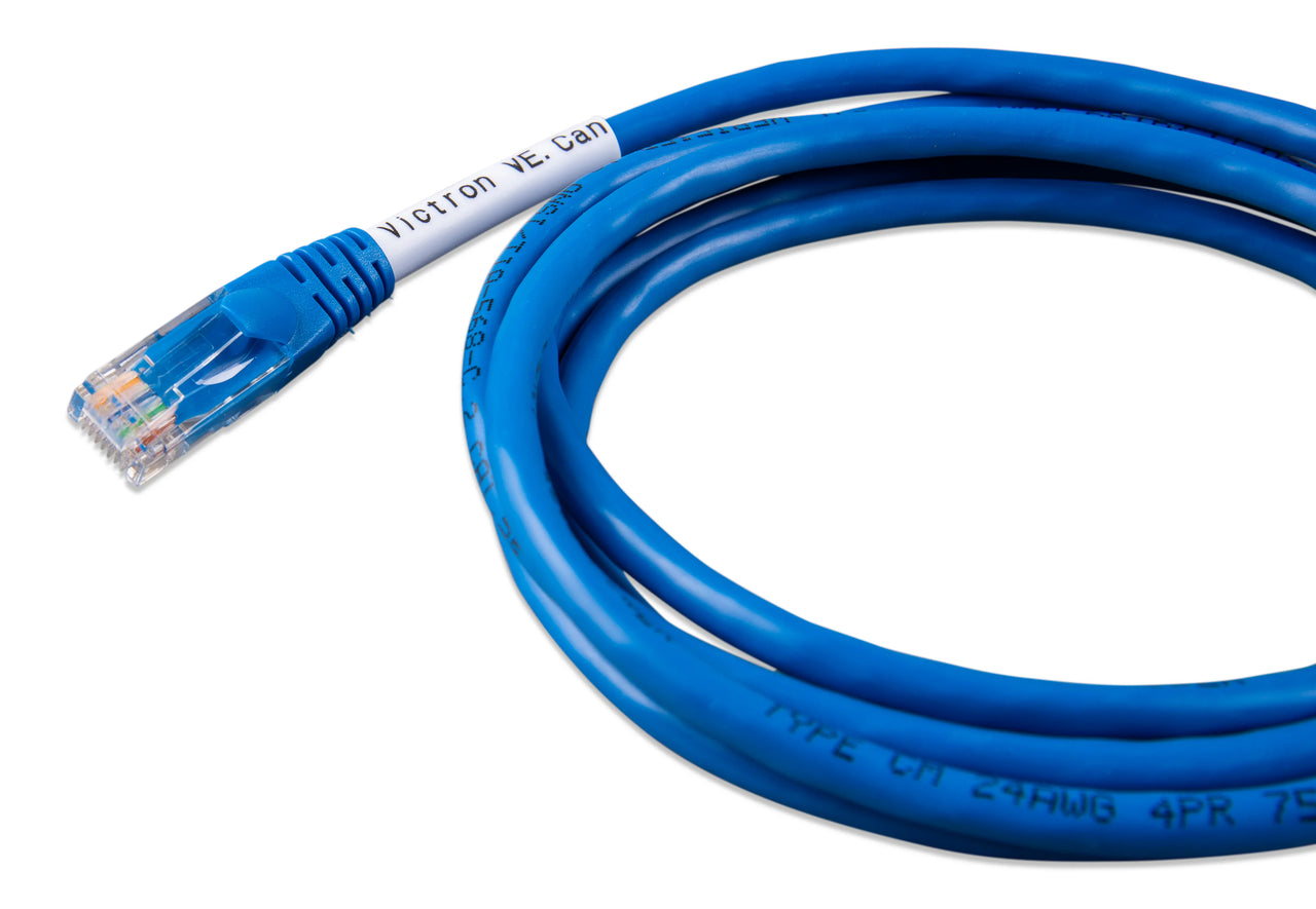 Blue coiled communication cable with an RJ45 connector and a white Victron VE.Can identification label