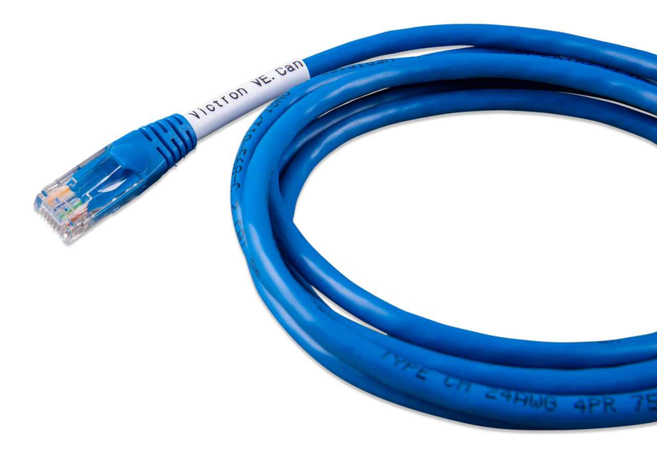 Blue coiled communication cable with an RJ45 connector and a white Victron VE.Can identification label