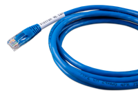Blue coiled communication cable with an RJ45 connector and a white Victron VE.Can identification label