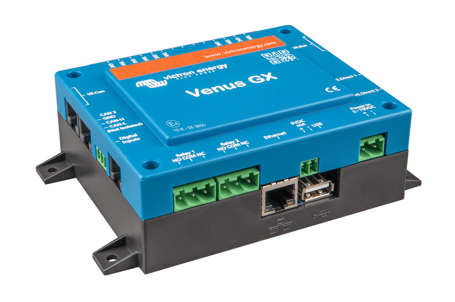 Angled view of blue Victron Venus GX showing side mounting points and bottom ports