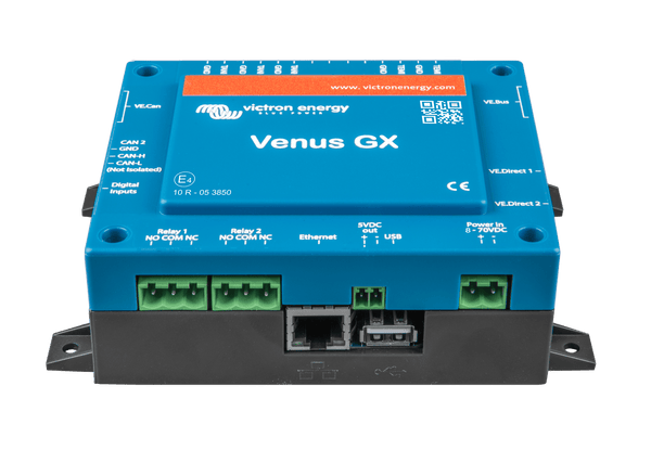 Frontal view of Venus GX enclosure showing relay, ethernet and USB port placement