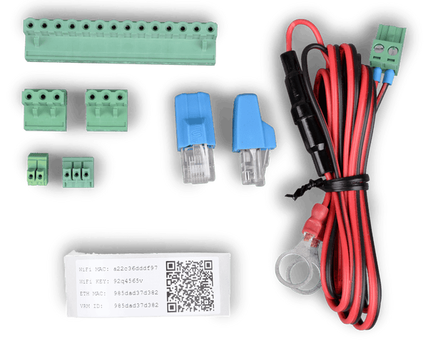 Accessories for Venus GX including terminal blocks, power cable with fuse and ID stickers