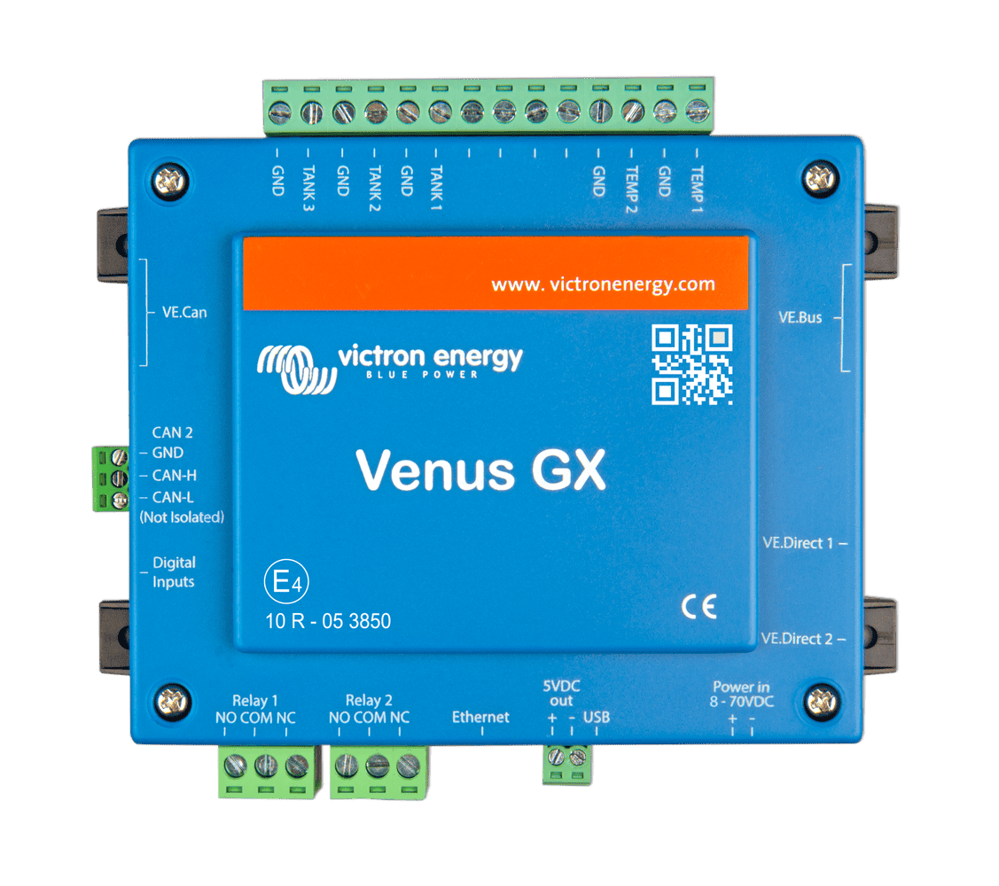 Top-down view of Victron Venus GX communication centre with labelled terminal connections