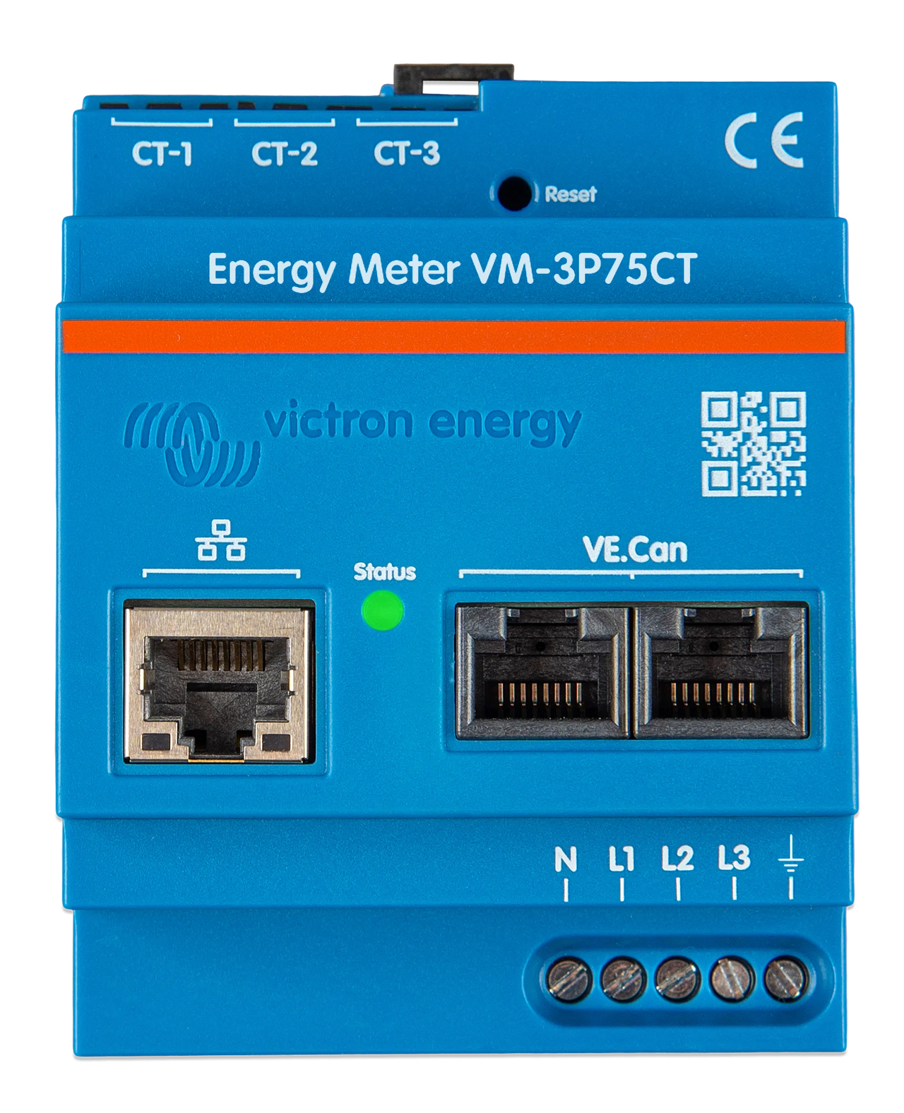 Front view of blue Victron three-phase energy meter showing communication ports and terminals