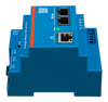 Side profile of DIN rail mounted energy meter showing stepped enclosure design