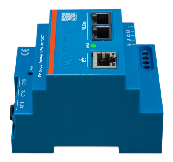 Side profile of DIN rail mounted energy meter showing stepped enclosure design