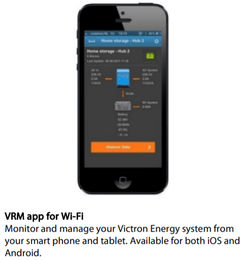 Victron VRM app interface on a smartphone for remote system monitoring
