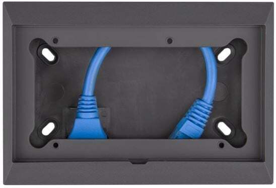 Front view of a dark grey Victron wall-mounted enclosure with internal cable space and mounting slots