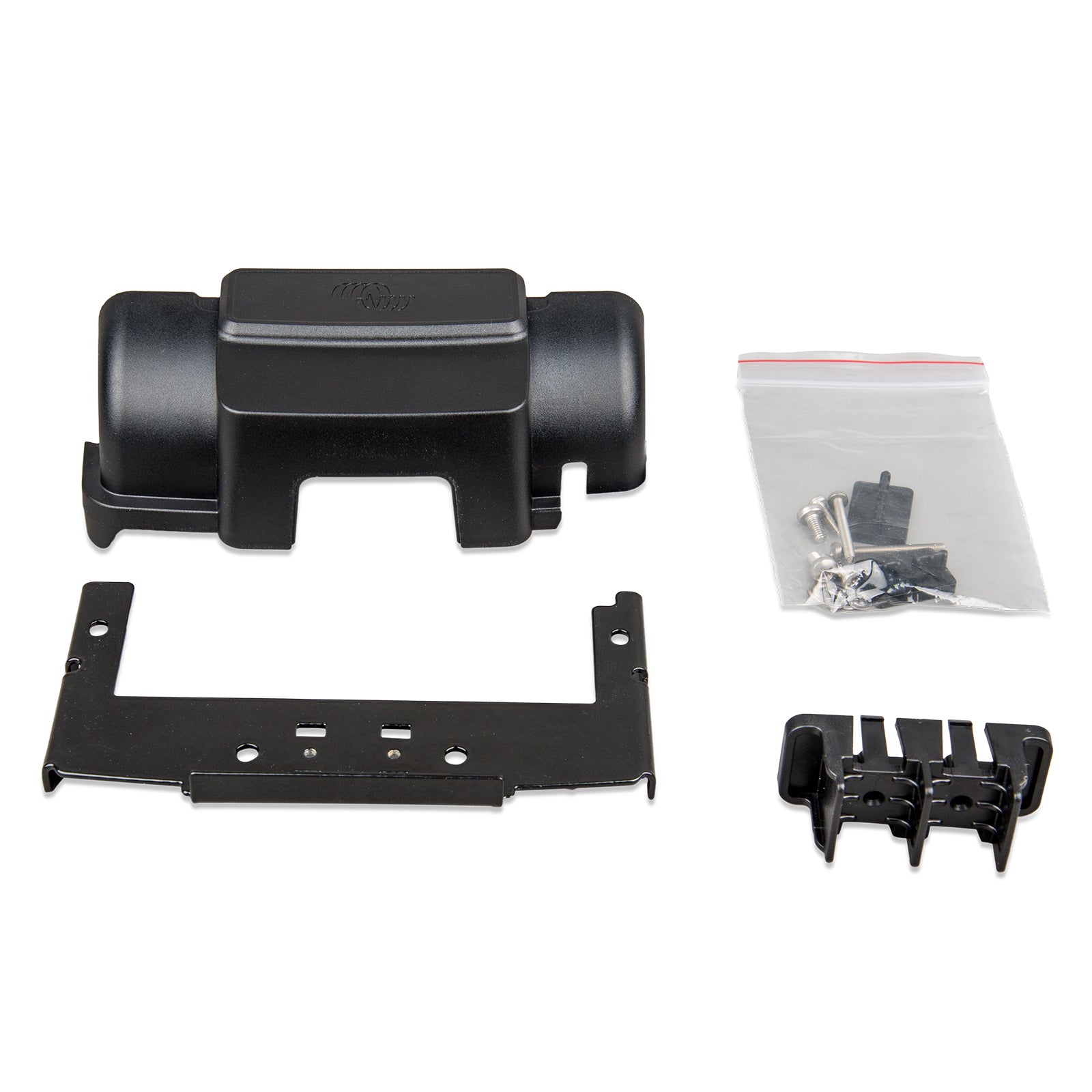 Victron WireBox-M kit showing the terminal cover, steel mounting plate, screw pack and cable guide