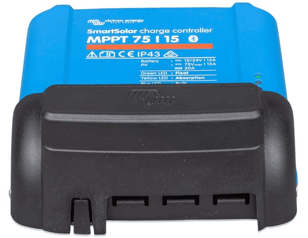 Victron SmartSolar MPPT 75/15 solar controller with black WireBox terminal cover attached