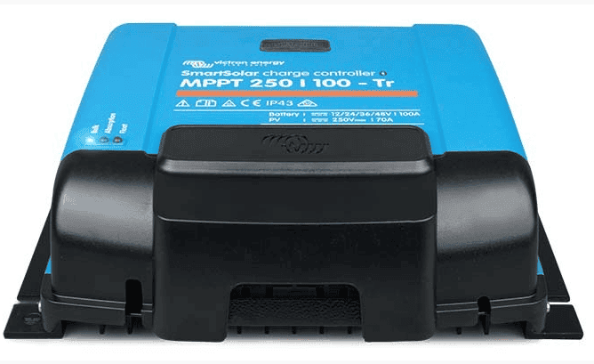 Black Victron WireBox-XL terminal cover fitted to a blue SmartSolar MPPT charge controller