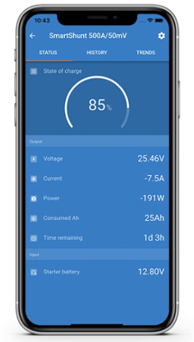 VictronConnect app interface showing 85 percent state of charge and battery power data