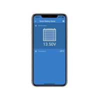 Smartphone displaying battery voltage and temperature on VictronConnect app