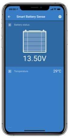 Smartphone displaying battery voltage and temperature on VictronConnect app