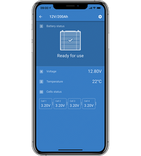 Smartphone screen displaying VictronConnect app battery monitoring with voltage and cell data