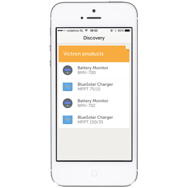 Device discovery screen on the VictronConnect app listing multiple connected battery monitors and solar chargers