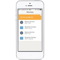 Device discovery screen on the VictronConnect app listing multiple connected battery monitors and solar chargers
