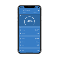VictronConnect app interface on a smartphone showing live solar wattage and battery status