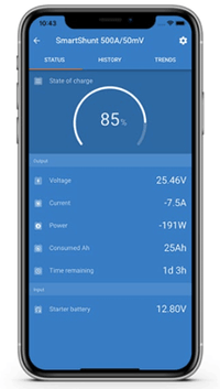 Smartphone display showing the VictronConnect app monitoring battery state of charge and power usage