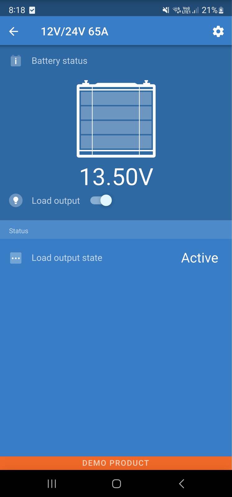 VictronConnect app interface showing 13.50V battery voltage and load output status for BatteryProtect