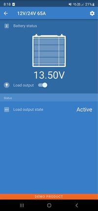 VictronConnect app interface showing 13.50V battery voltage and load output status for BatteryProtect