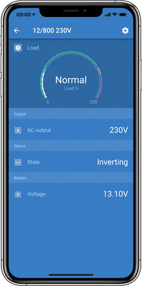 Smartphone screen showing the VictronConnect app interface for inverter monitoring