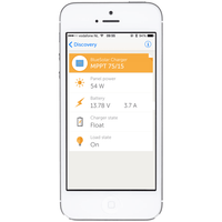VictronConnect app interface on a smartphone showing real-time solar charger data and battery status
