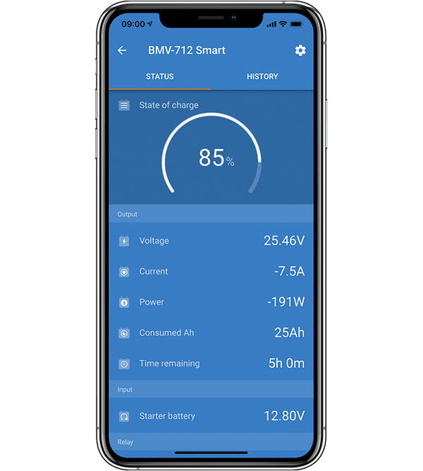 VictronConnect app on a smartphone showing live battery status from the BMV-712