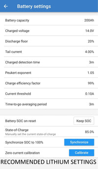 Settings page in the VictronConnect app for battery capacity and discharge thresholds