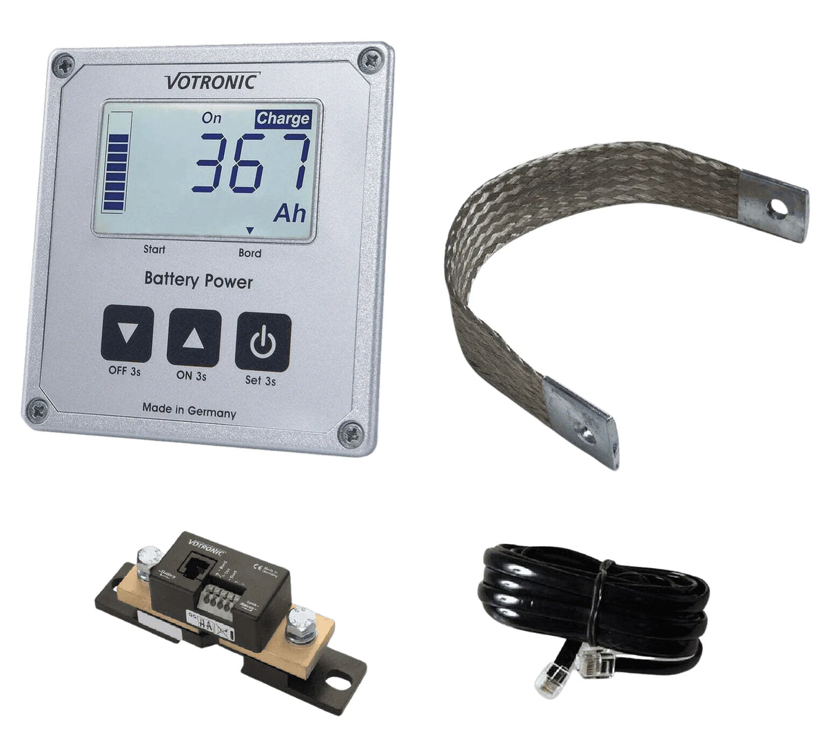 Votronic 200A battery monitor kit including LCD display, smart shunt, braided ground strap and cable