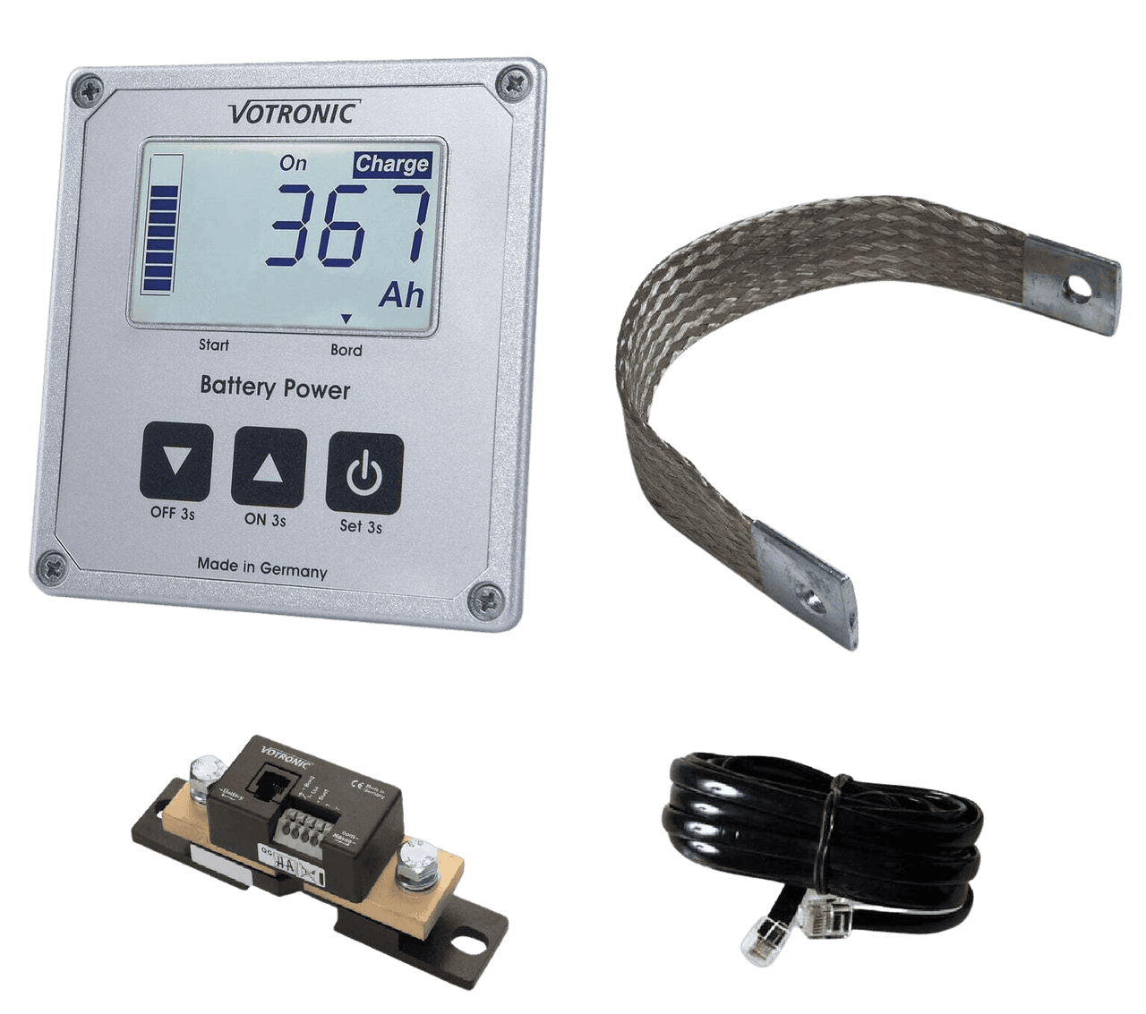 Votronic 400A battery monitor kit including LCD remote display, 400A smart shunt, ground strap and data cable